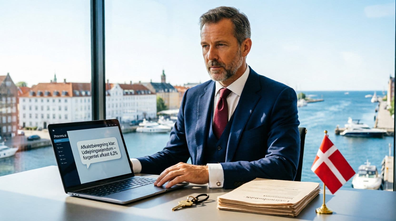 Ejendomsprofessionel ved havnefronten med Procora på laptoppen og Dannebrog på skrivebordet