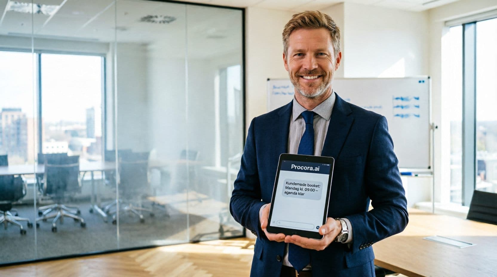 Rådgiver i mødelokale viser en mødebekræftelse fra Procora på en tablet